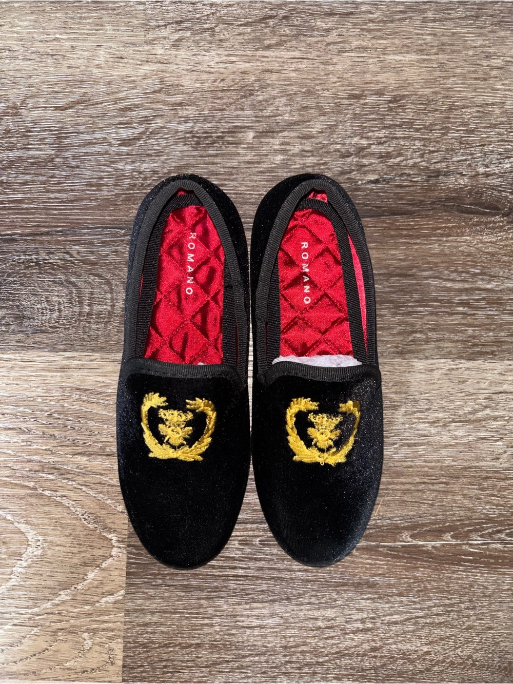 Romano Black Velvet Slip-On Loafers with Gold Embroidered Crest